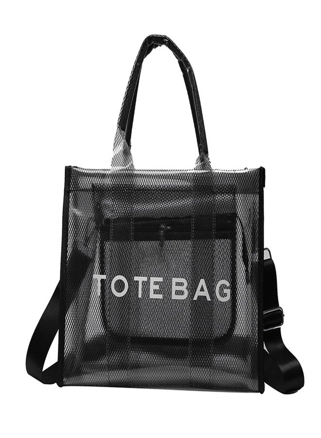 WREWING Clear Tote Bag for Women, Large Mesh Beach Bag, PVC Clear Crossbody Bags with Zipper, Stadium Bag for Travel Sports (Black) - Image 1